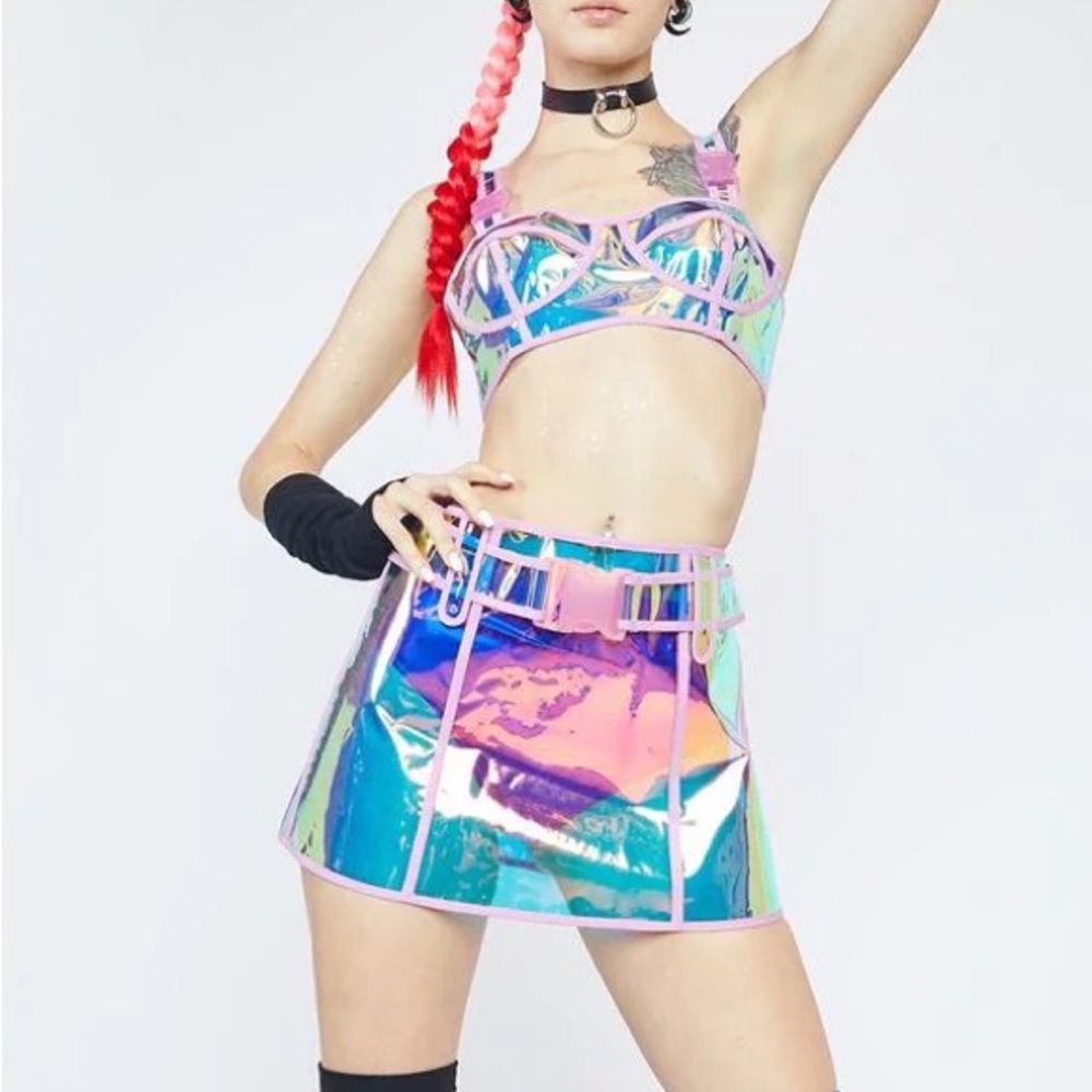 Dolls Kill Holographic Sheer Bra Top and Skirt Set (USED)